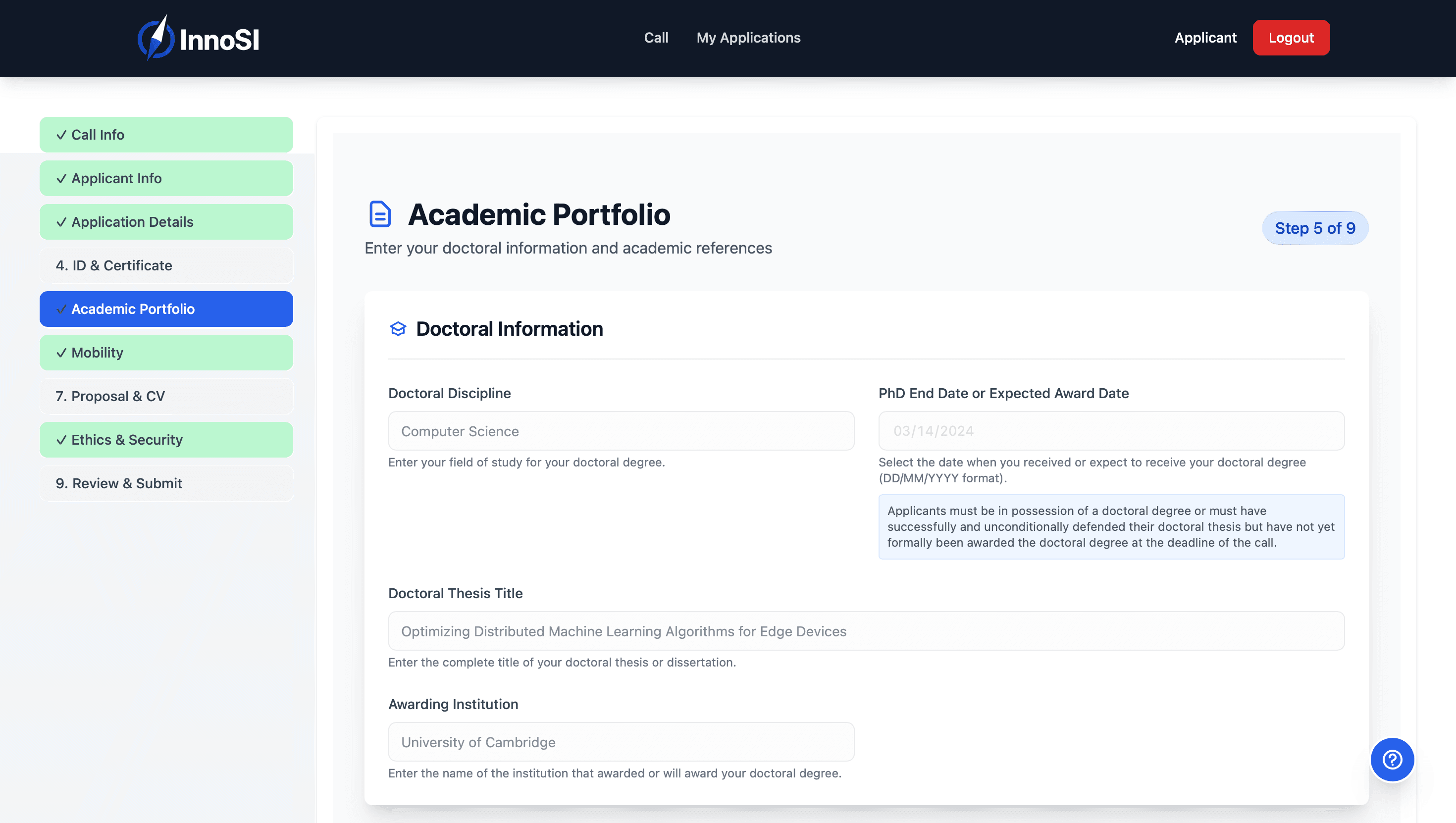 Applicant — akademik portfolyo başvuru formu